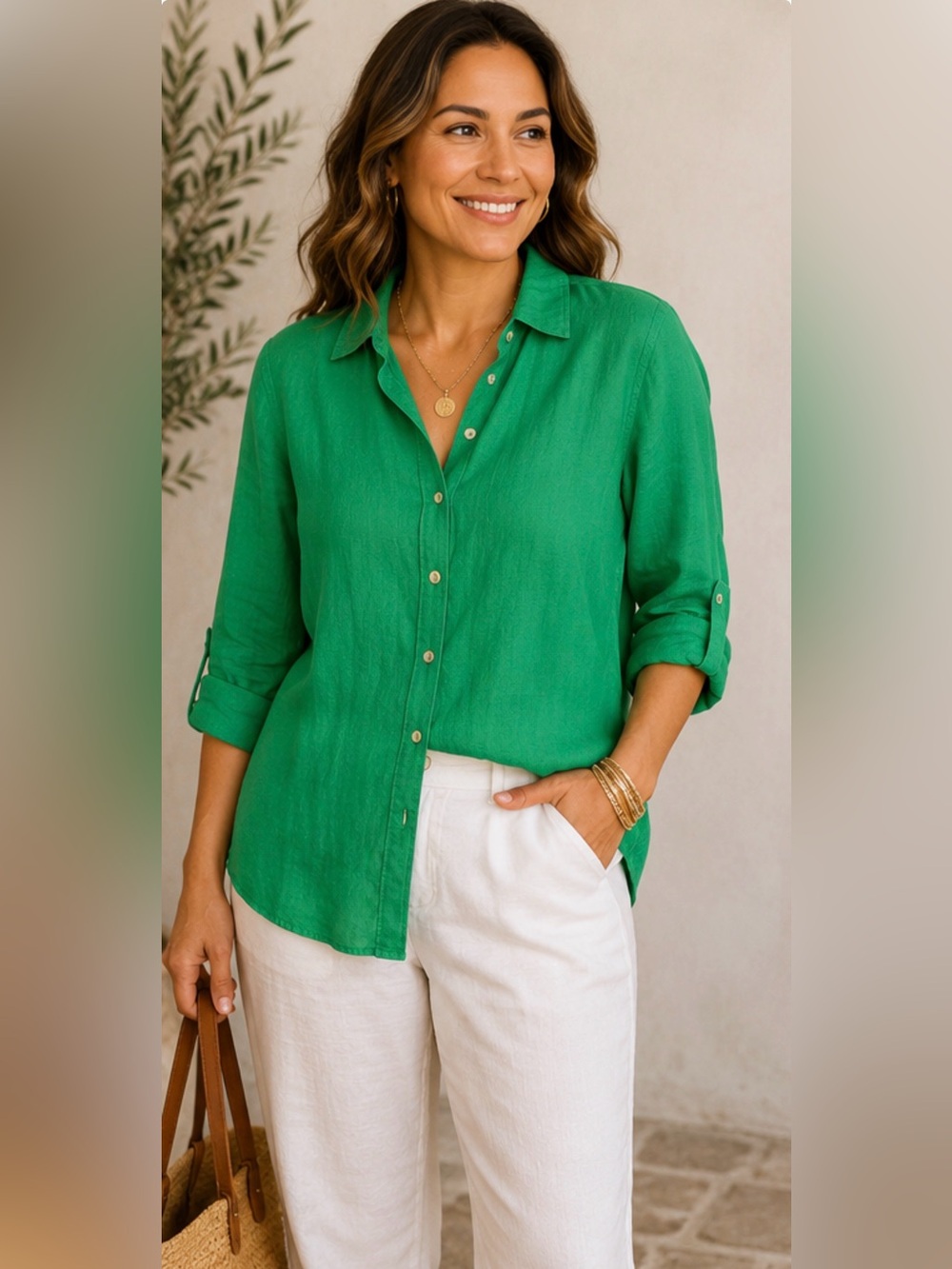 J.Jill Love Linen Green 100% Linen Button Front Shirt Roll Tab Sleeve Small